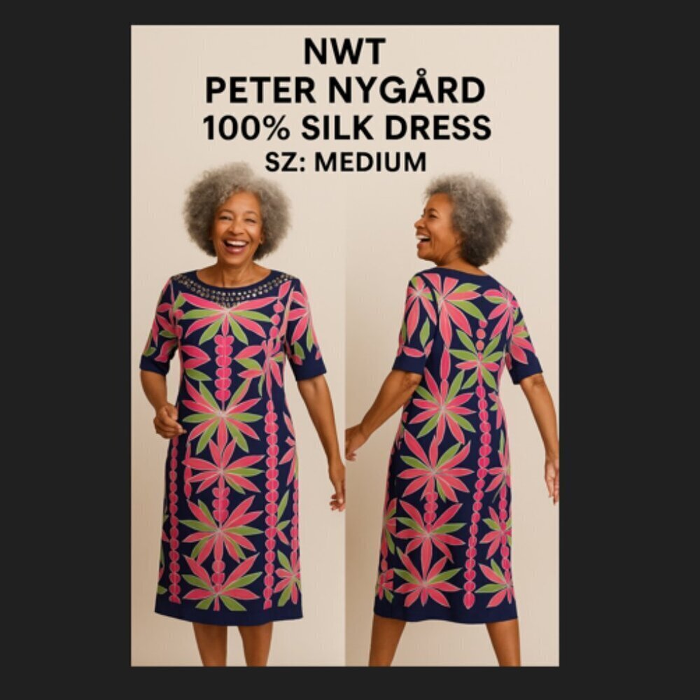 NWT Peter Nygard Designer 100% Silk Dress, Sz. Medium. - Picture 2 of 12